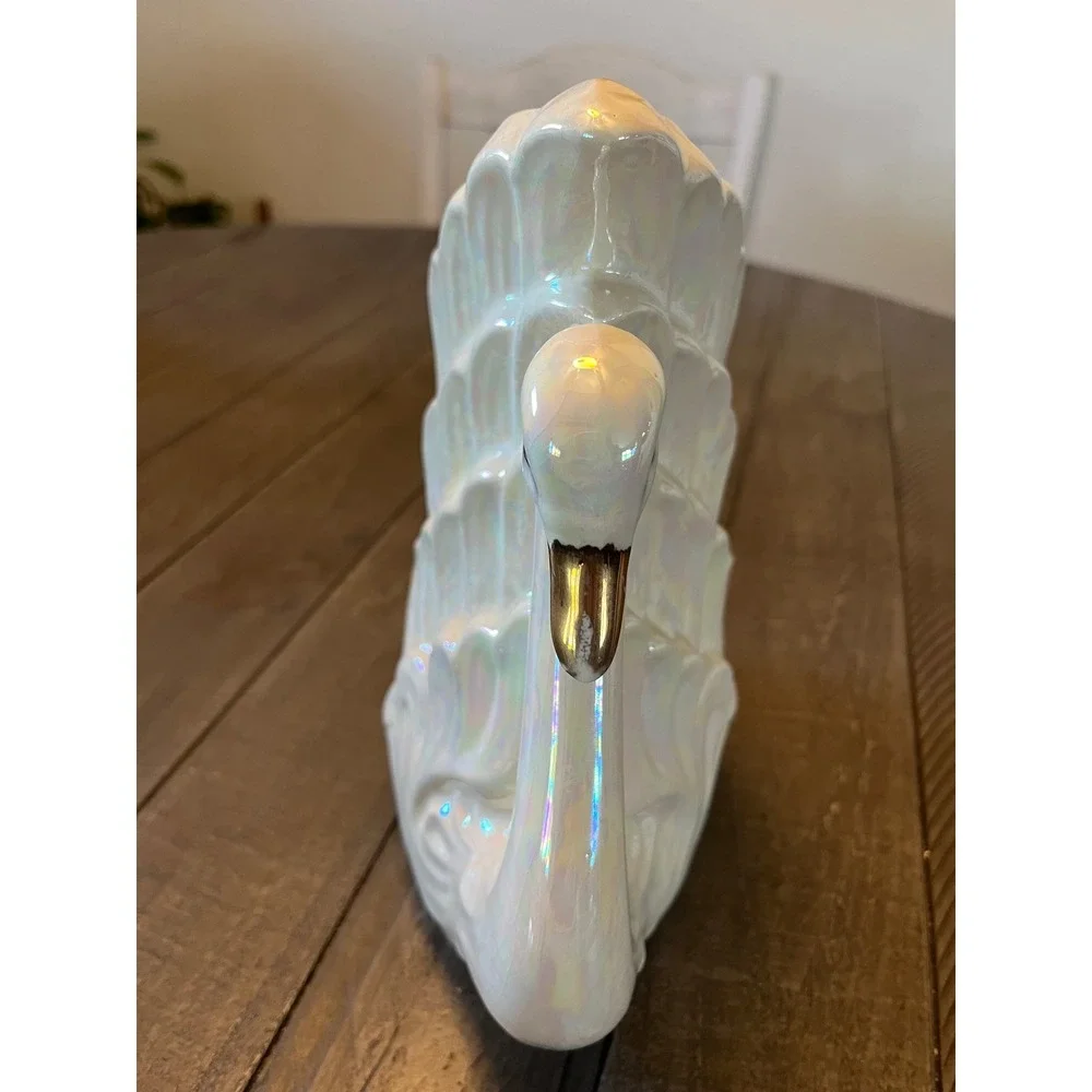 Vintage Iridescent Pearl Swan Ceramic Planter Vase Gold Beak Hollywood Regency
